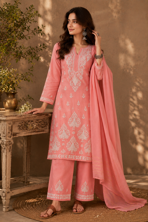 Chanderi cotton Pink 3 piece Chikankari set