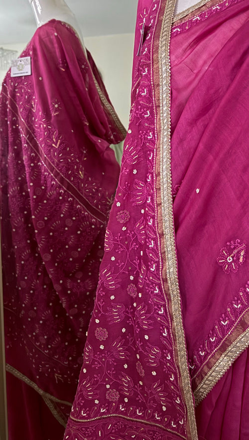 Chanderi Silk Chikankari Saree- Magenta
