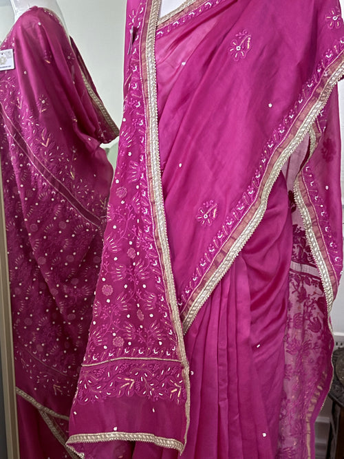 Chanderi Silk Chikankari Saree- Magenta
