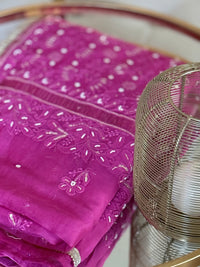 Chanderi Silk Chikankari Saree- Magenta