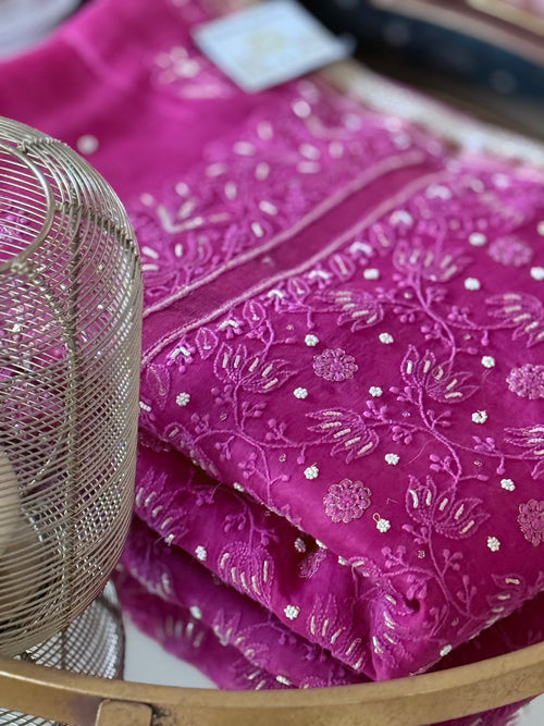 Chanderi Silk Chikankari Saree- Magenta