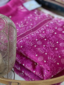 Chanderi Silk Chikankari Saree- Blue