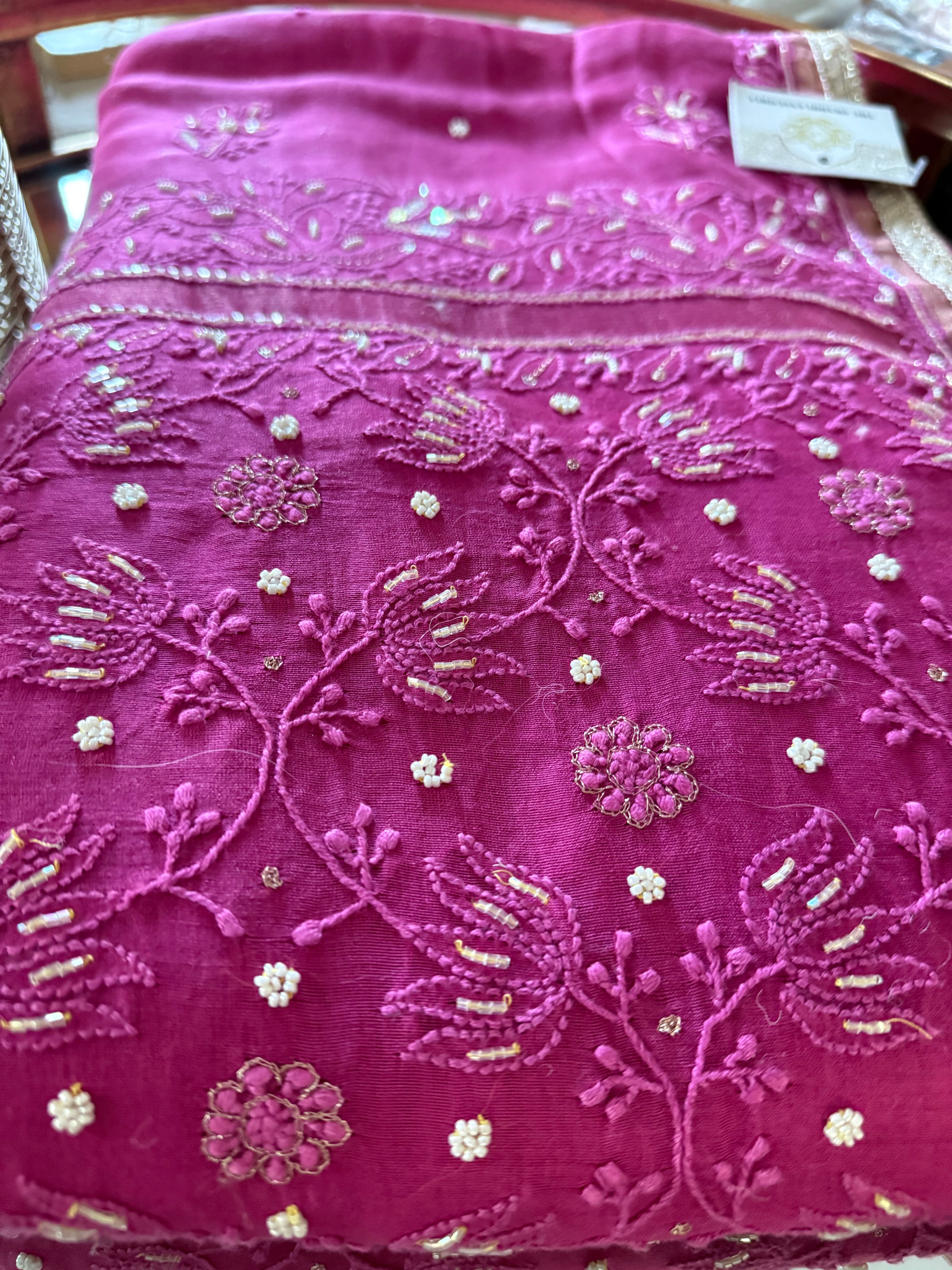 Chanderi Silk Chikankari Saree- Magenta