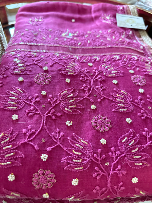 Chanderi Silk Chikankari Saree- Magenta