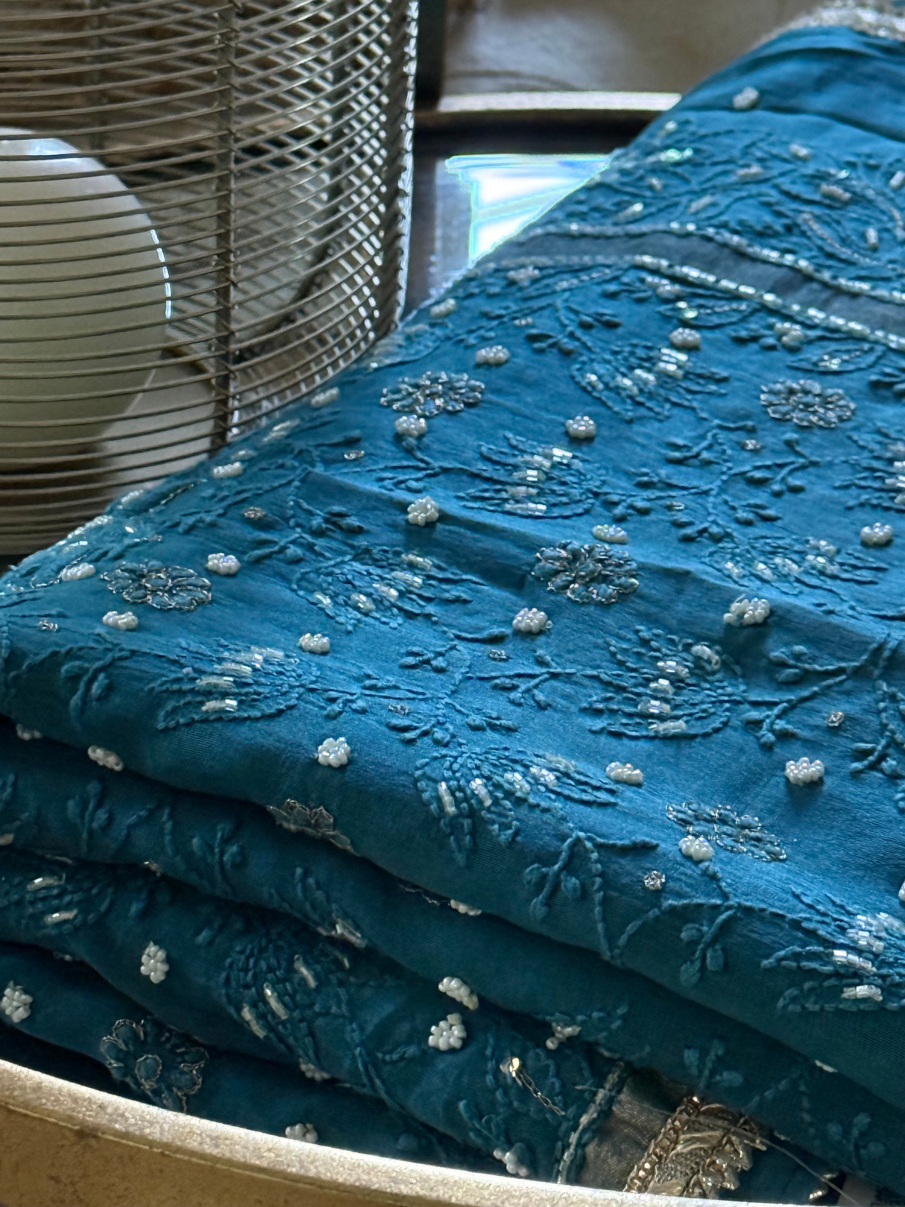 Chanderi Silk Chikankari Saree- Blue