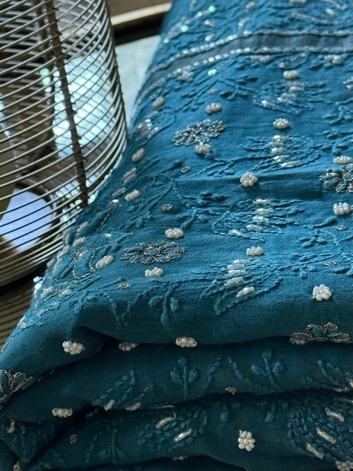 Chanderi Silk Chikankari Saree- Blue