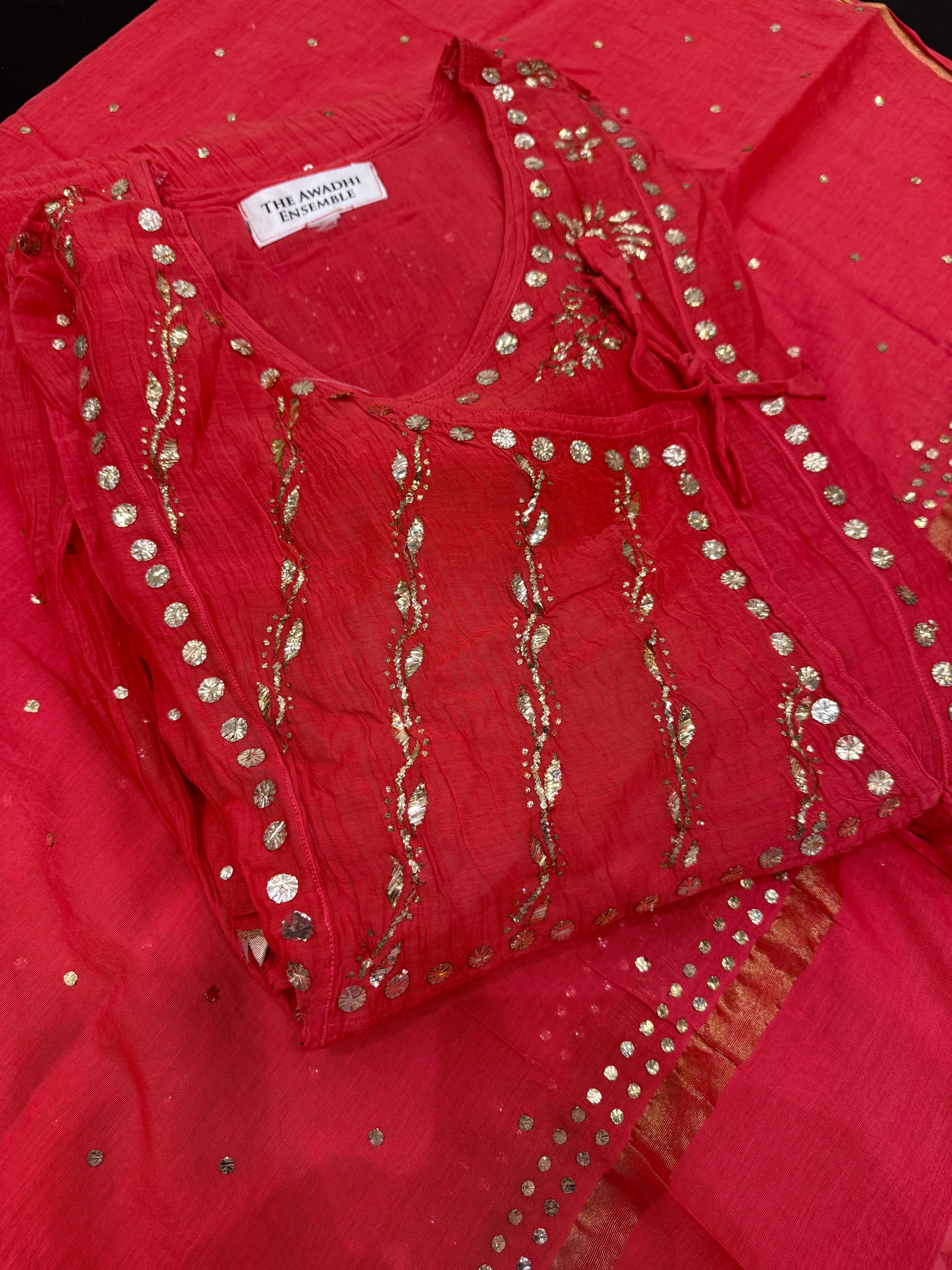 Mul Chanderi Pitta Work Angarkha Style Ready to Wear Set