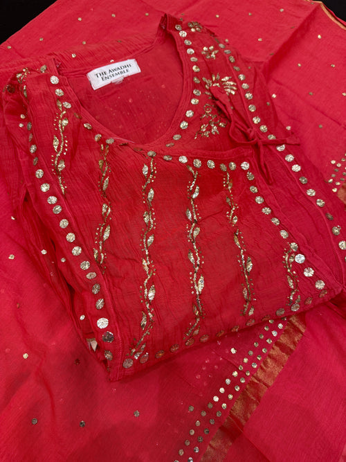 Mul Chanderi Pitta Work Angarkha Style Ready to Wear Set