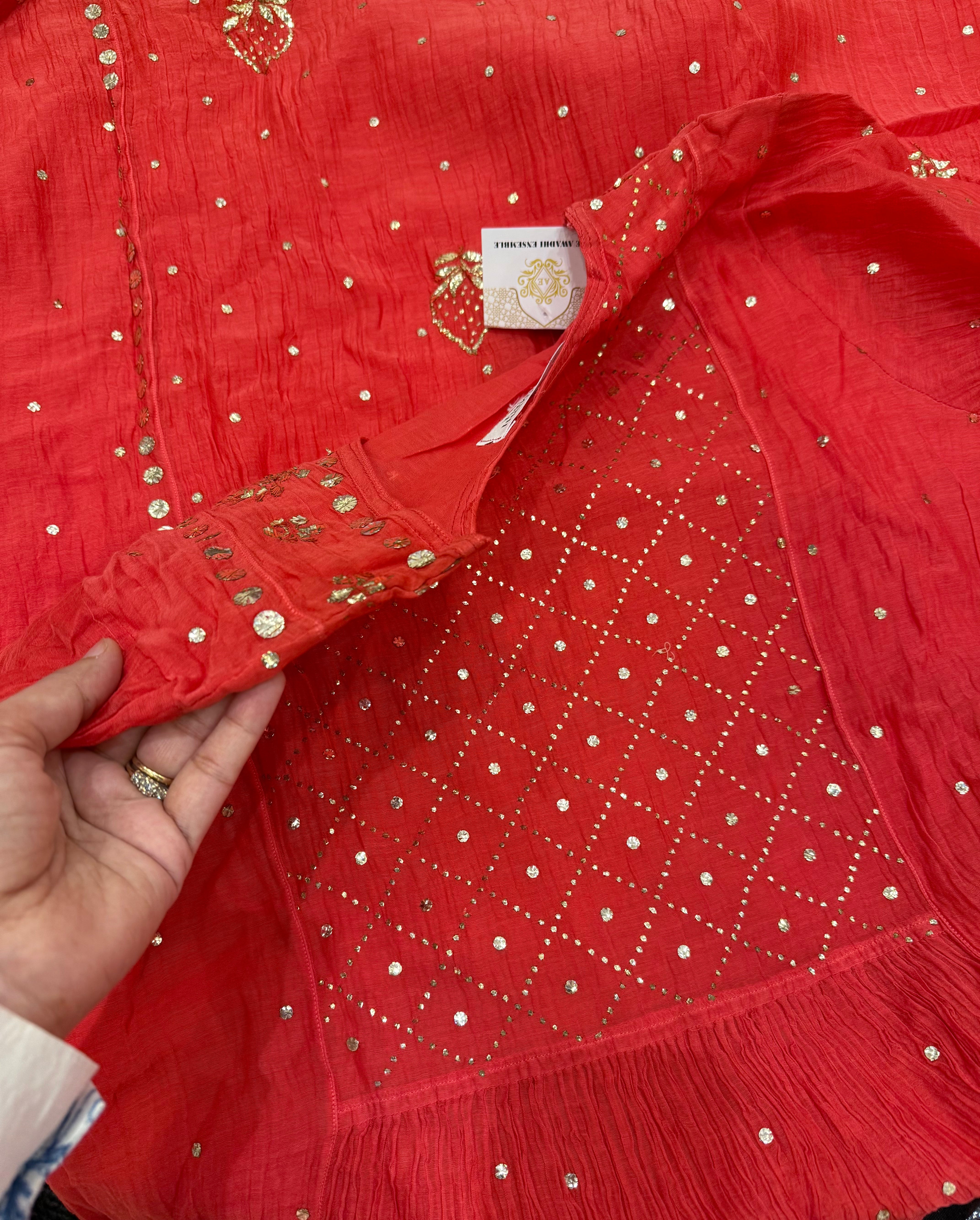 Mul Chanderi Pitta Work Angarkha Style Ready to Wear Set