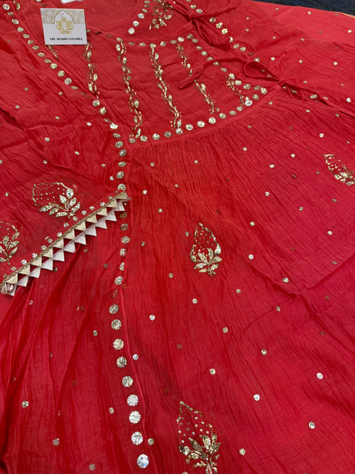 Mul Chanderi Pitta Work Angarkha Style Ready to Wear Set