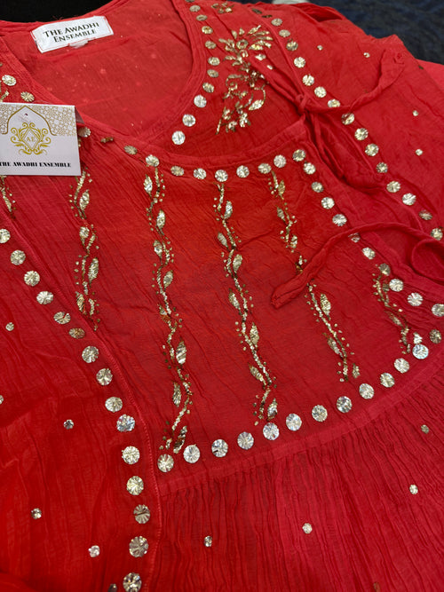 Mul Chanderi Pitta Work Angarkha Style Ready to Wear Set