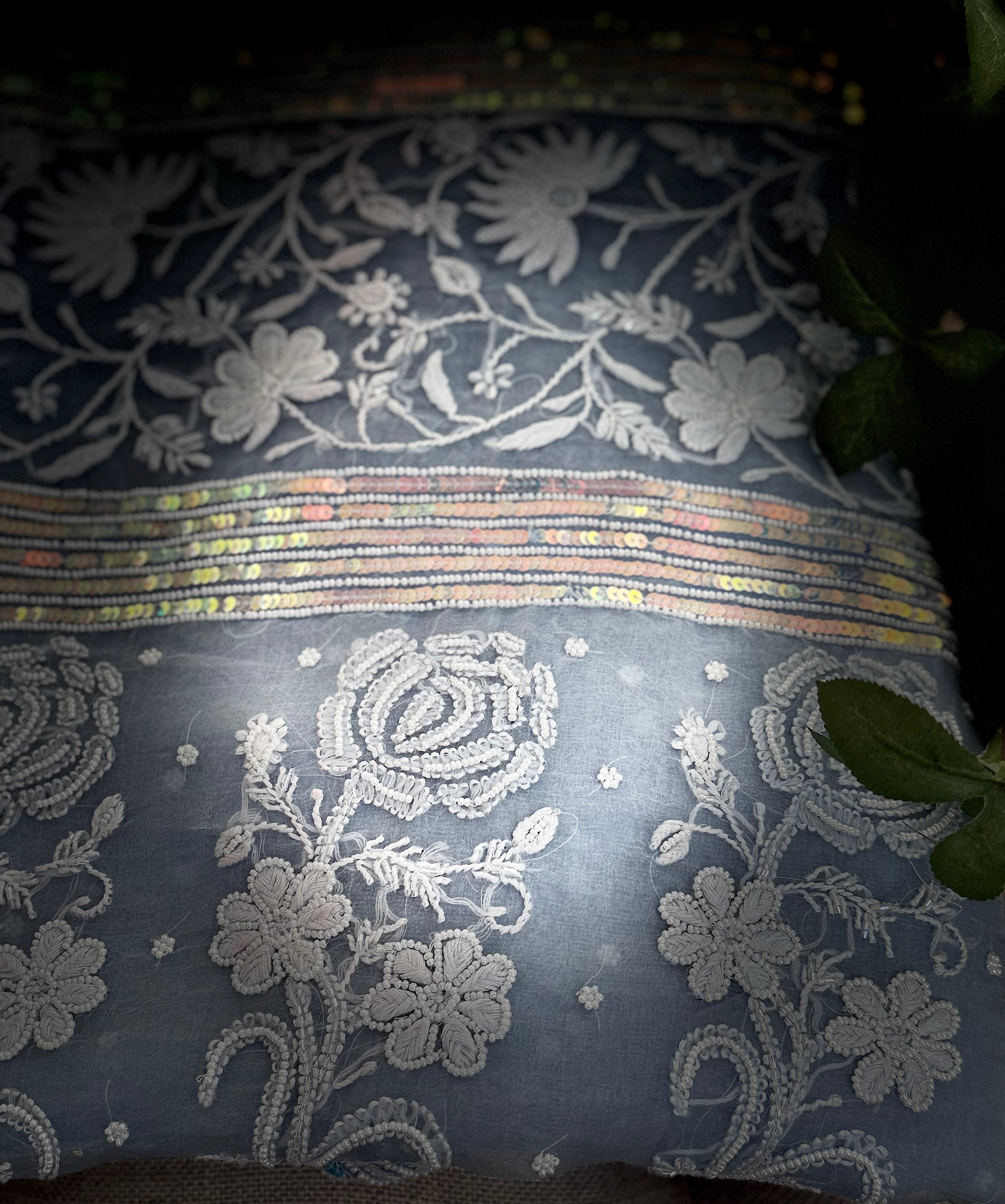 Pure Organza Saree with Chikankari: Bluish Grey