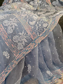 Pure Organza Saree with Chikankari: Bluish Grey