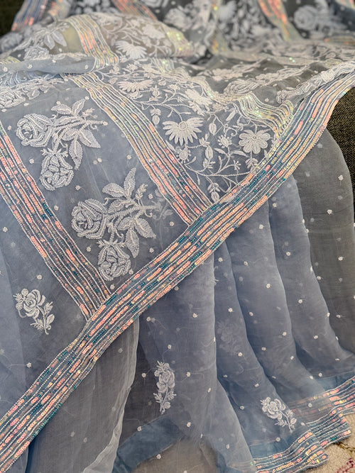 Pure Organza Saree with Chikankari: Bluish Grey