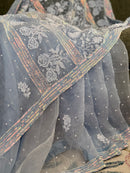 Pure Organza Saree with Chikankari: Bluish Grey