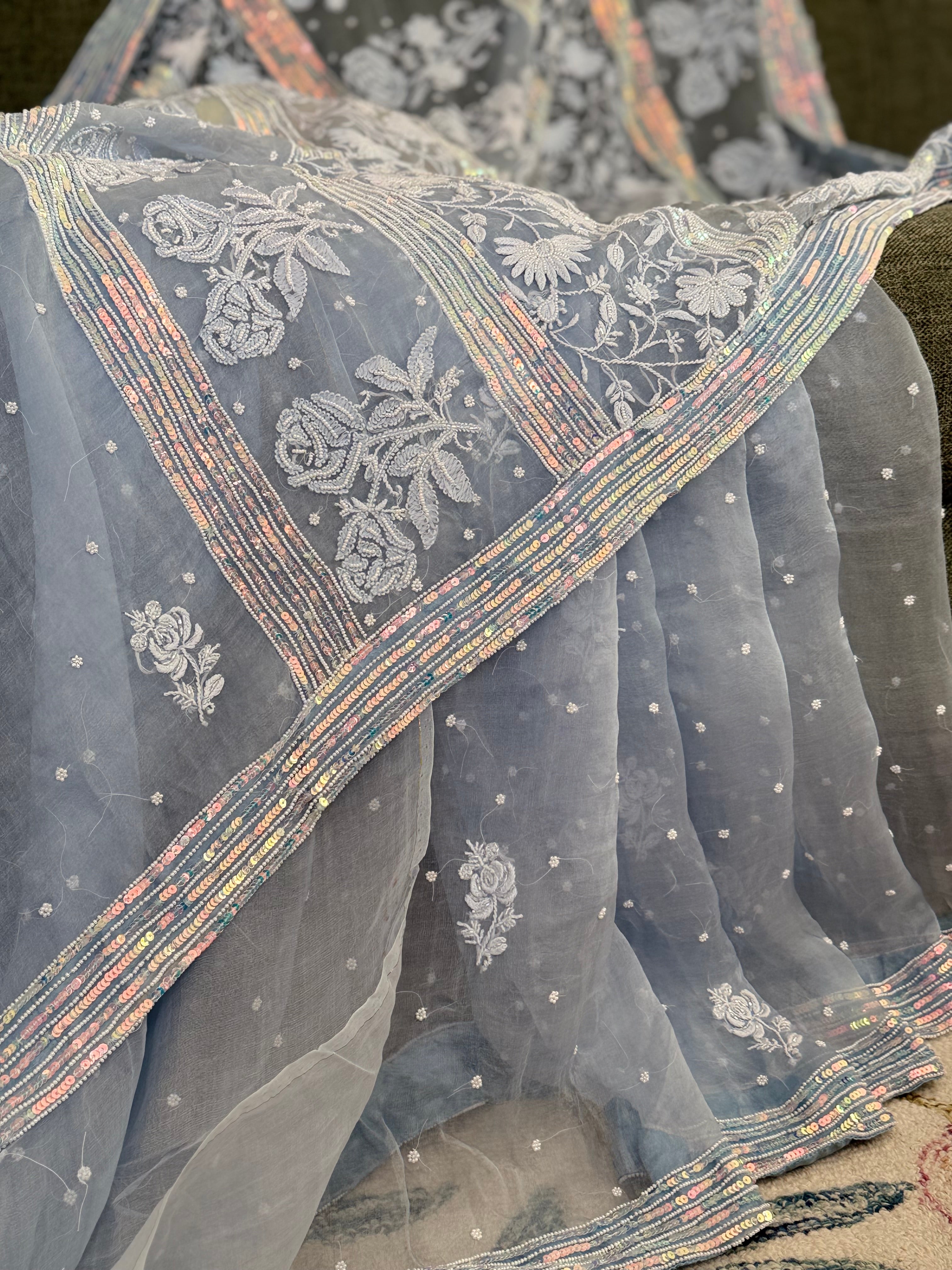 Pure Organza Saree with Chikankari: Bluish Grey