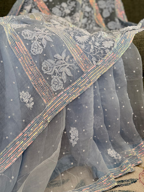 Pure Organza Saree with Chikankari: Bluish Grey