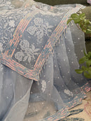 Pure Organza Saree with Chikankari: Bluish Grey