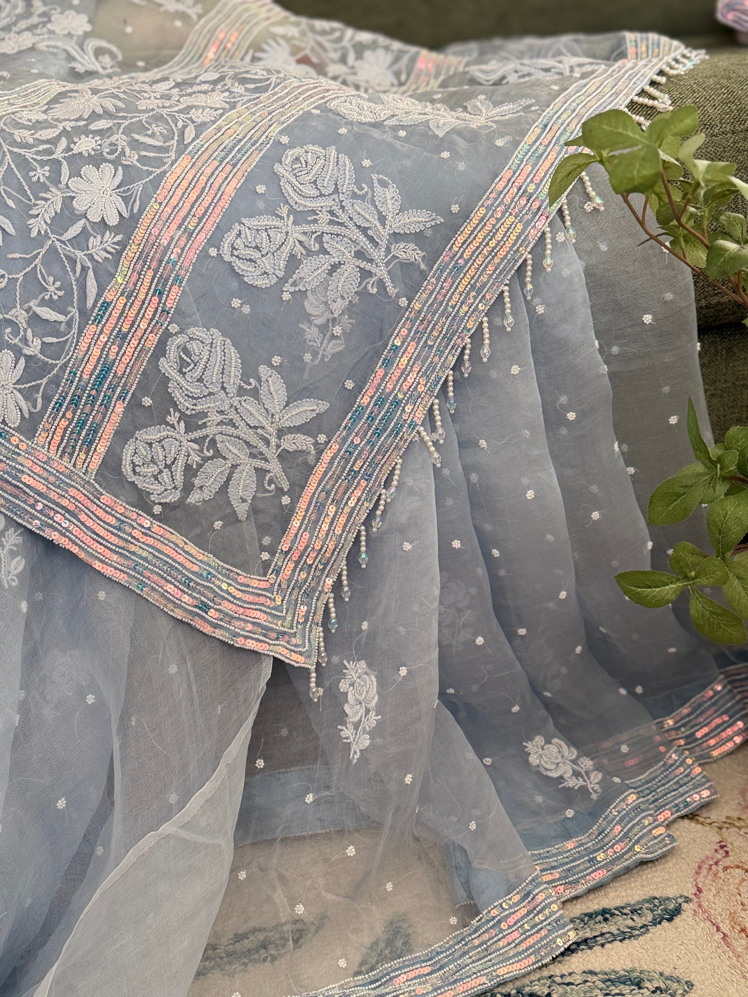 Pure Organza Saree with Chikankari: Bluish Grey