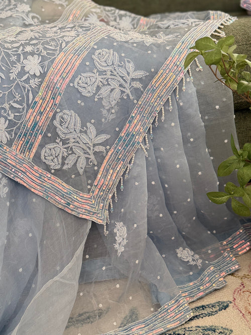 Pure Organza Saree with Chikankari: Bluish Grey