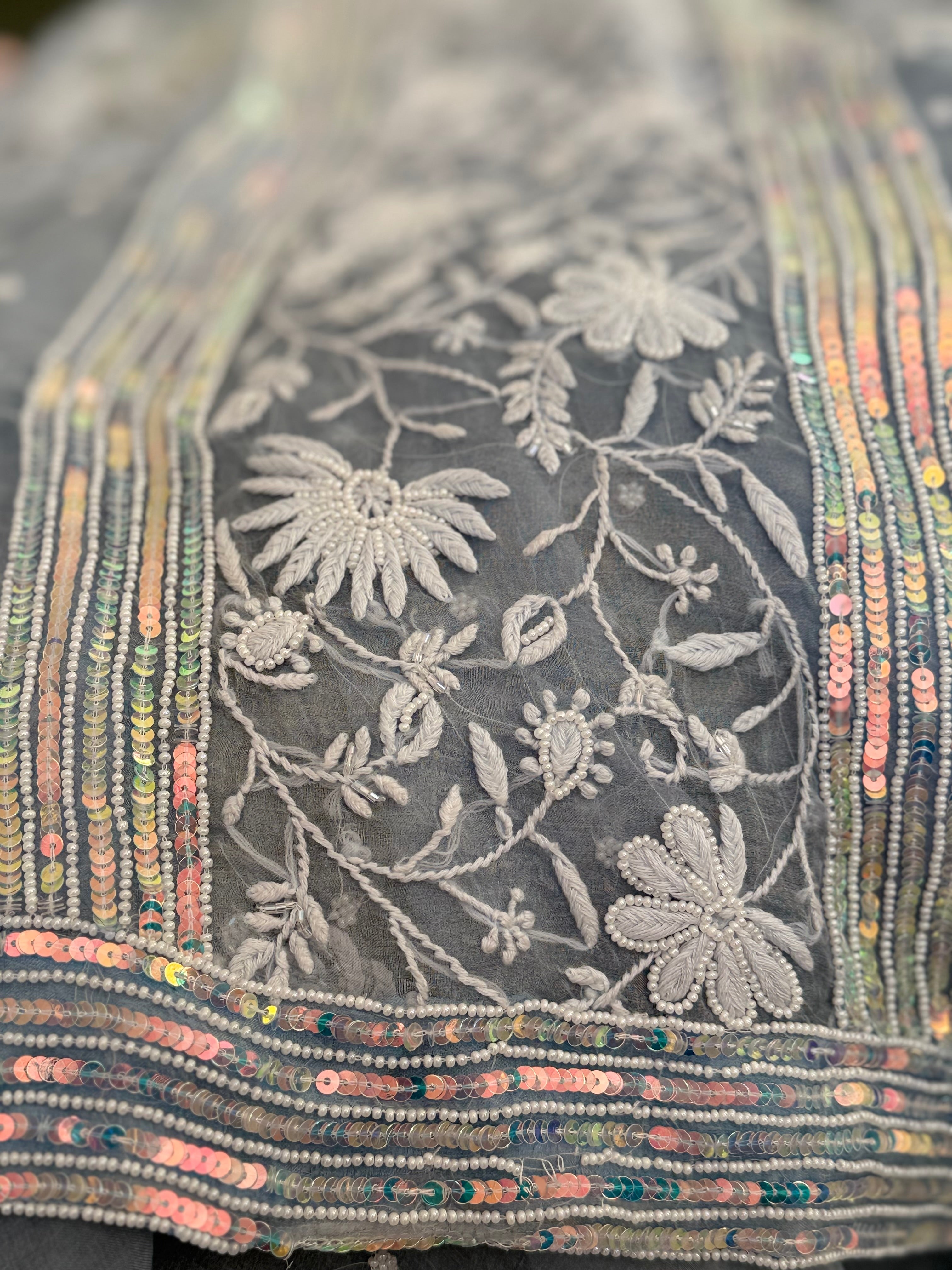 Pure Organza Saree with Chikankari: Bluish Grey