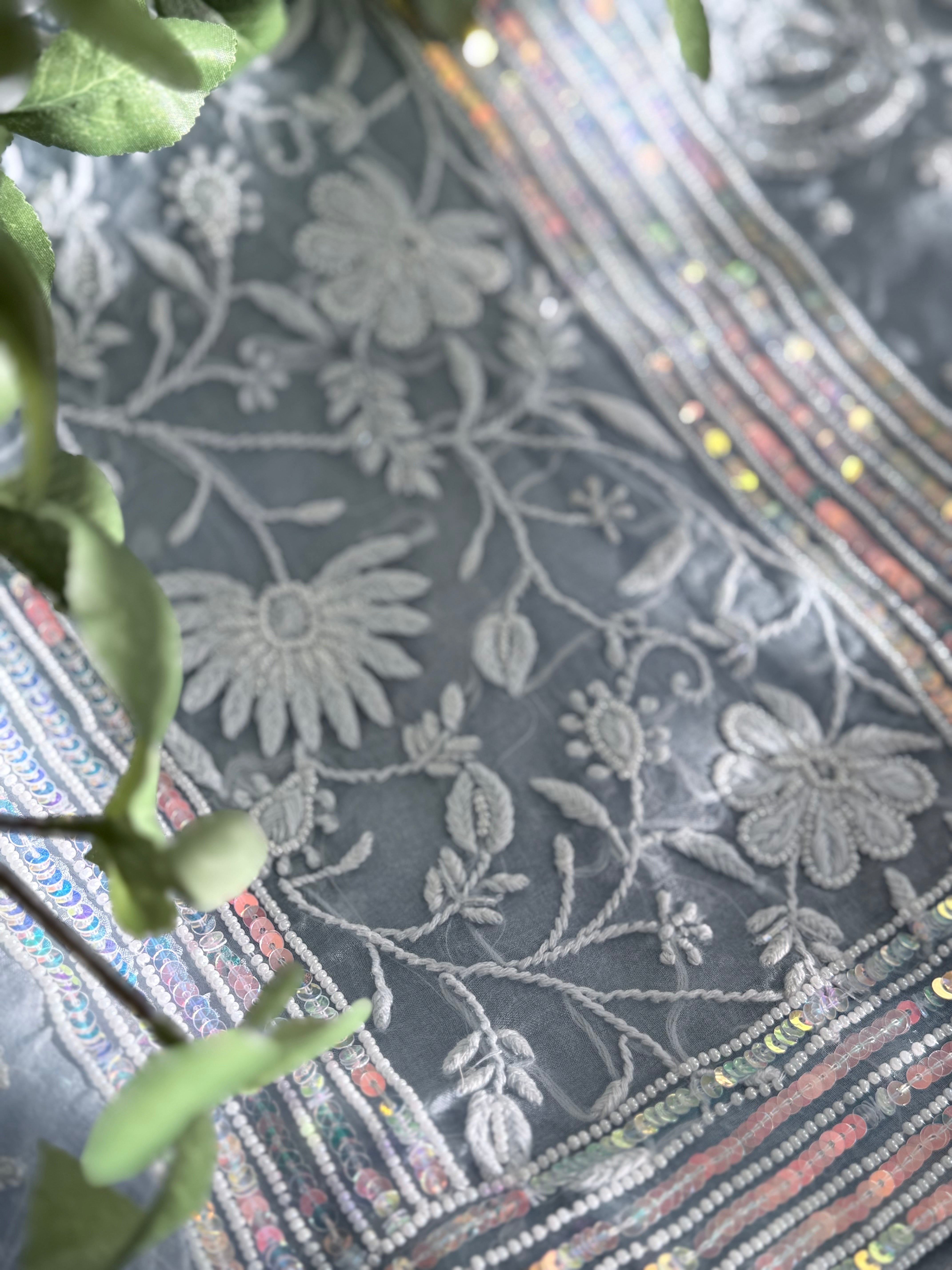 Pure Organza Saree with Chikankari: Bluish Grey