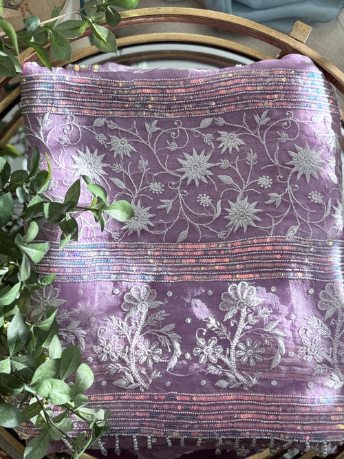 Pure Organza Saree with Chikankari: Purple