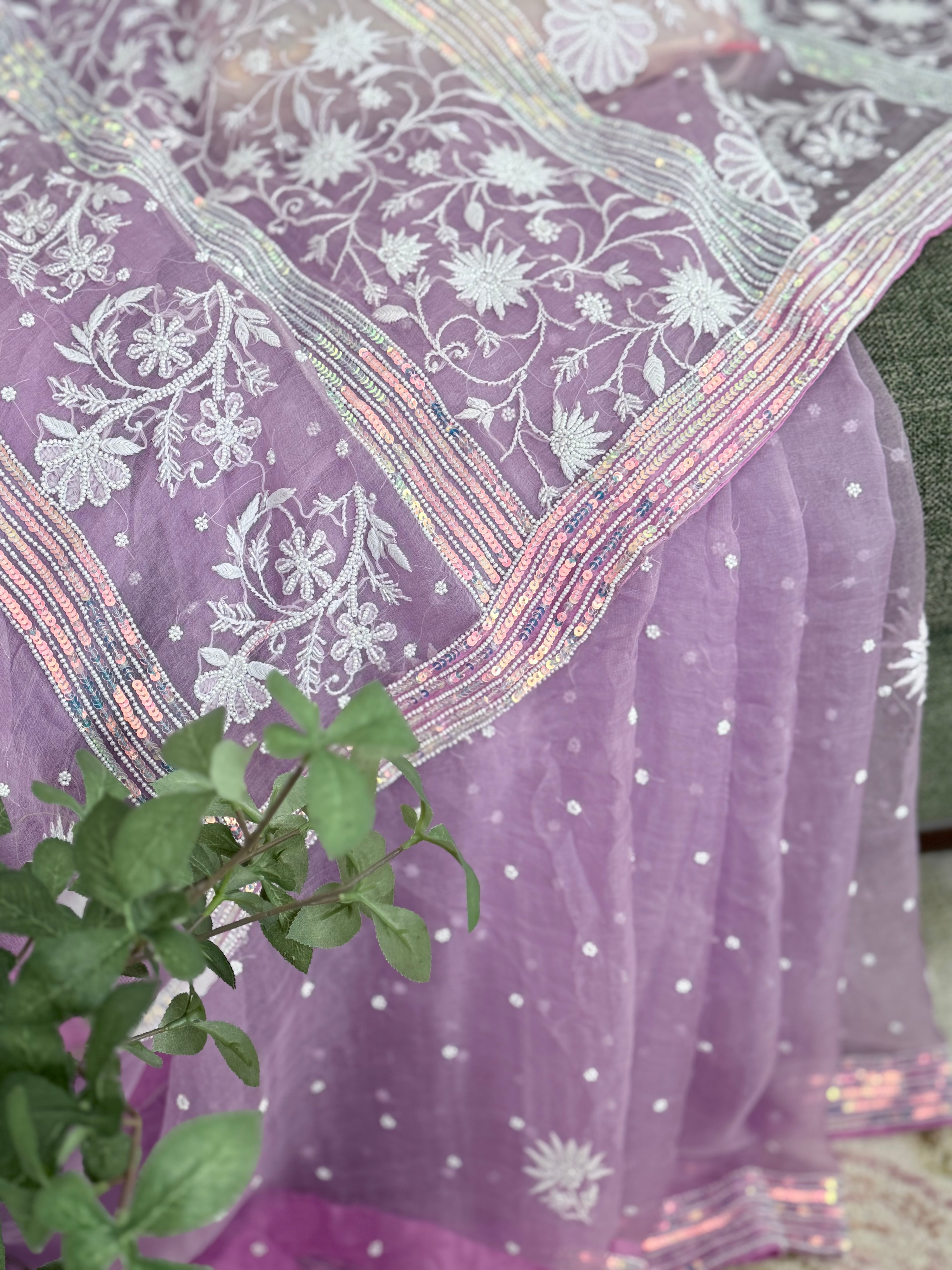Pure Organza Saree with Chikankari: Purple