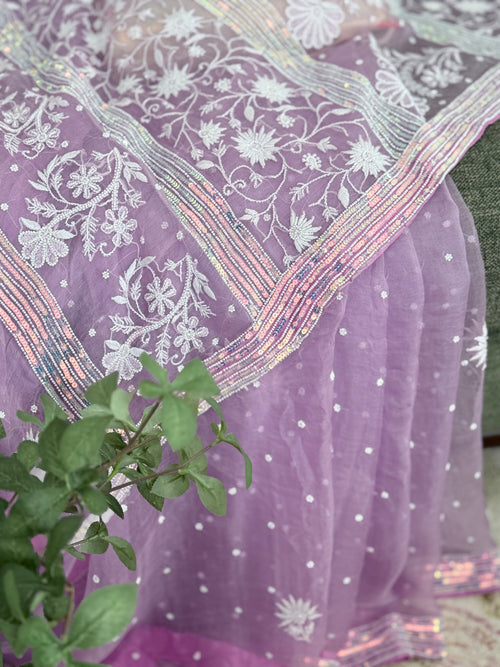 Pure Organza Saree with Chikankari: Purple