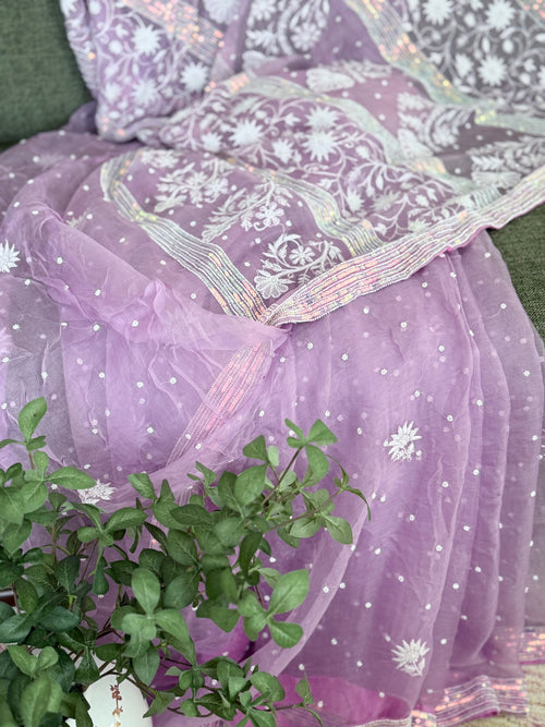 Pure Organza Saree with Chikankari: Purple