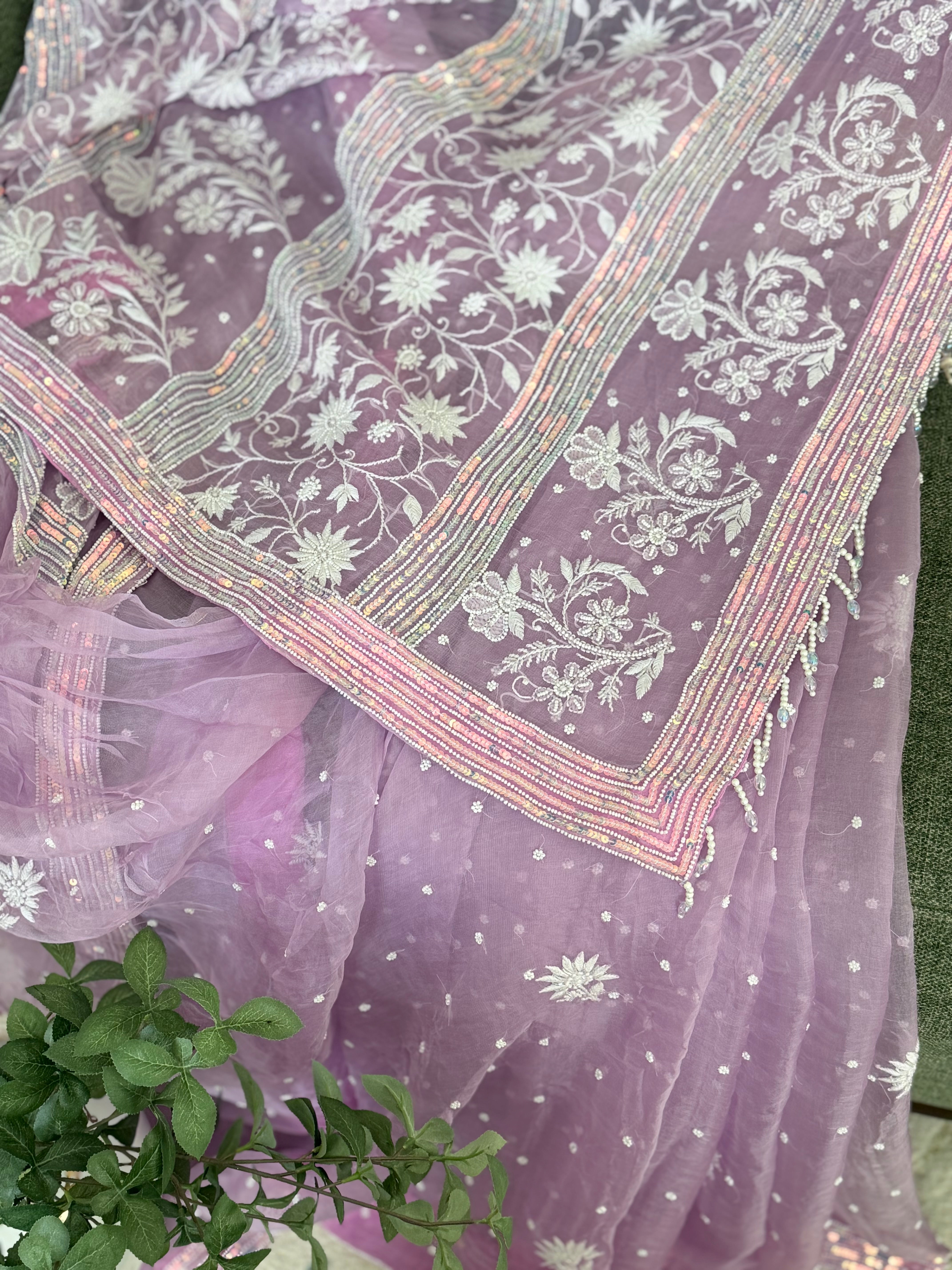 Pure Organza Saree with Chikankari: Purple