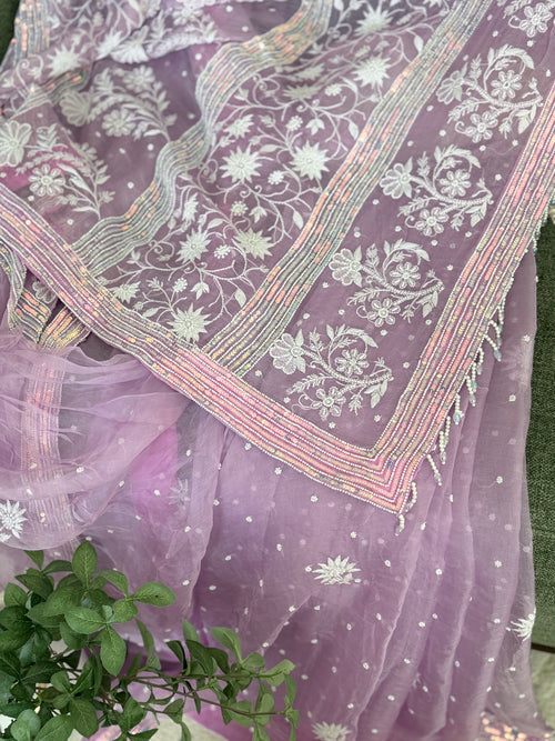 Pure Organza Saree with Chikankari: Purple