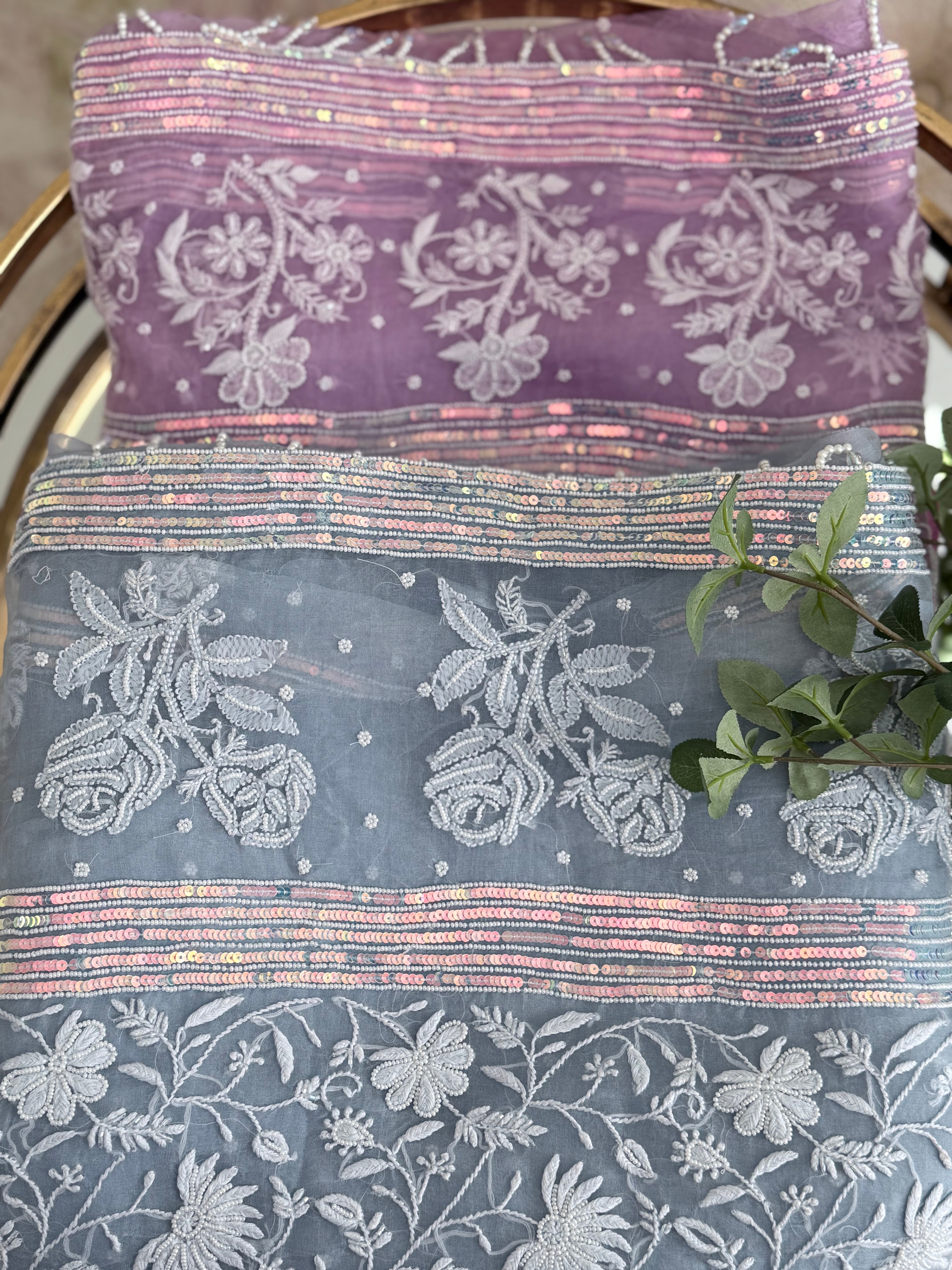 Pure Organza Saree with Chikankari: Purple