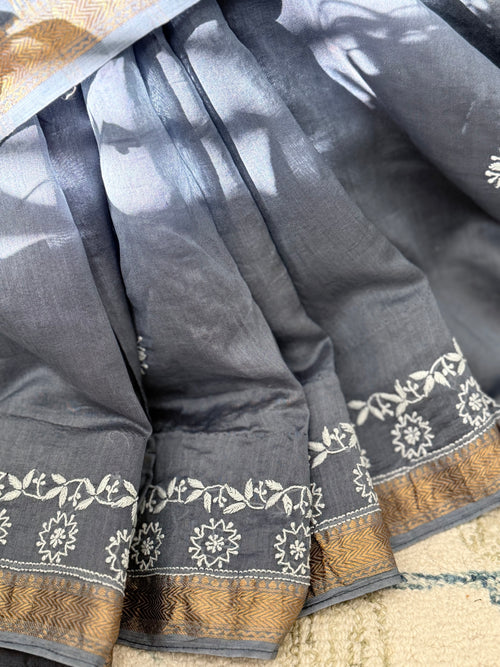 Chanderi Silk Saree with Chikankari: Grey