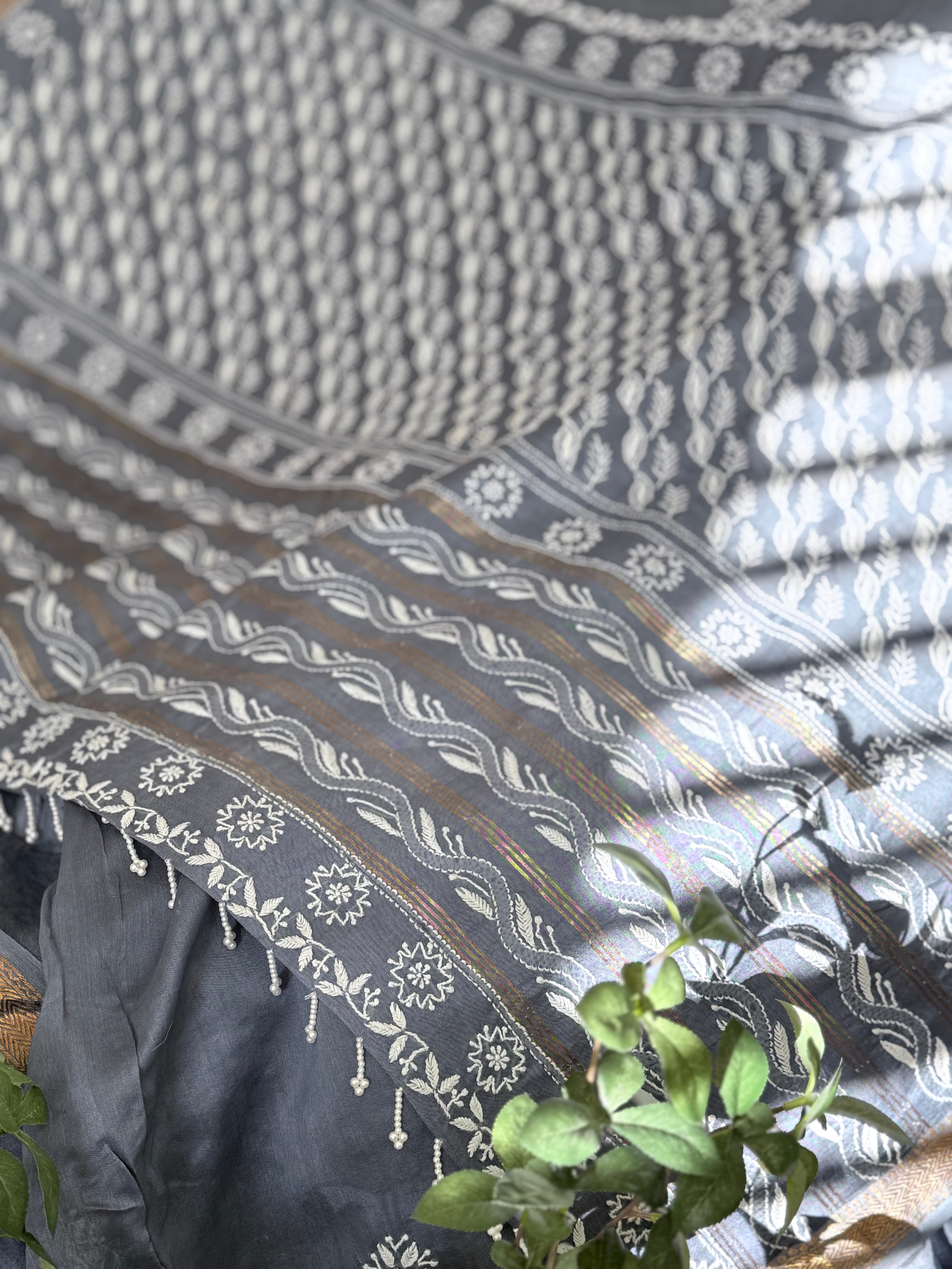 Chanderi Silk Saree with Chikankari: Grey