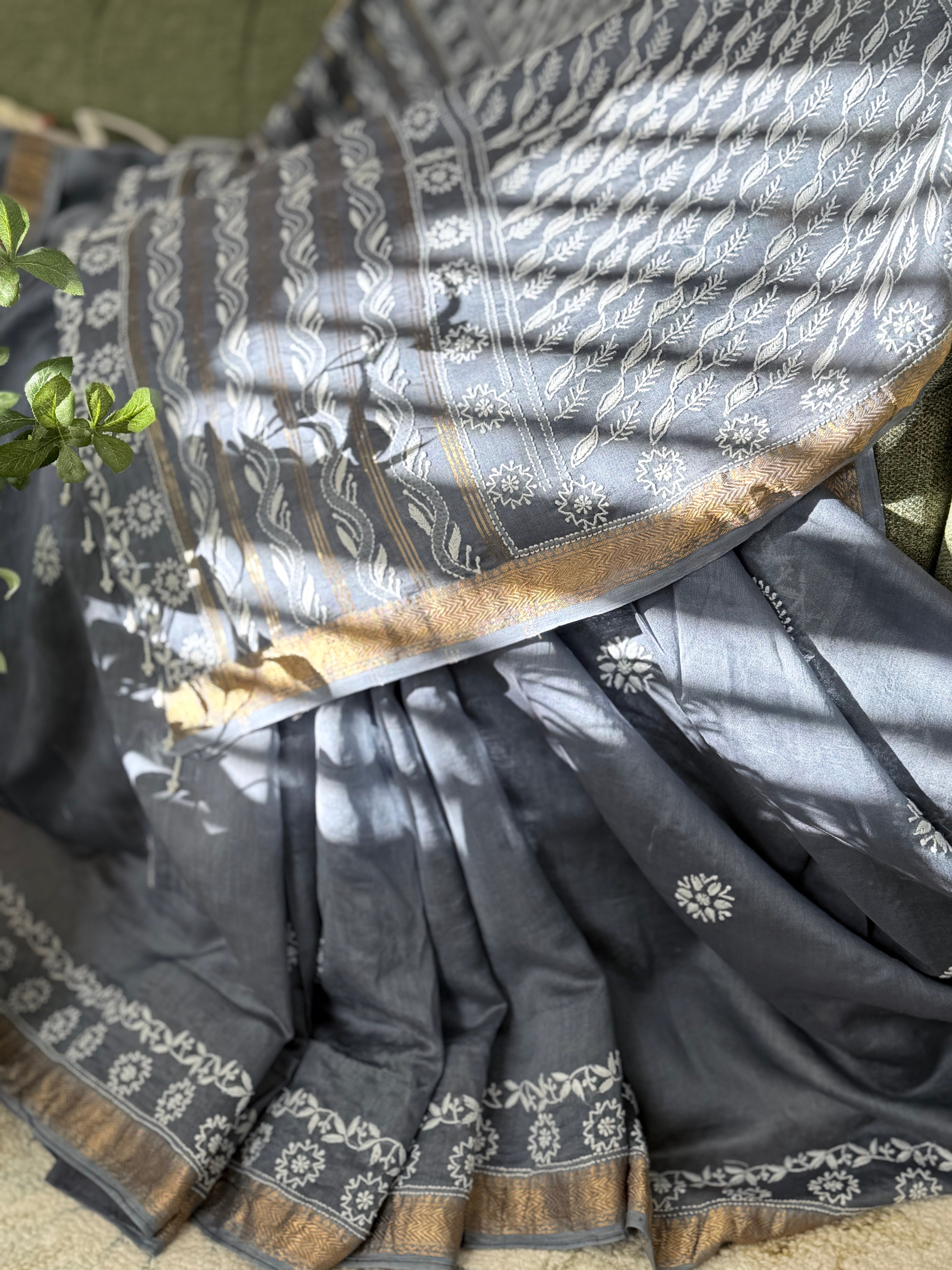 Chanderi Silk Saree with Chikankari: Grey
