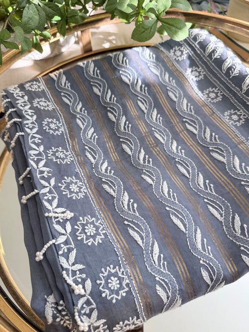 Chanderi Silk Saree with Chikankari: Grey
