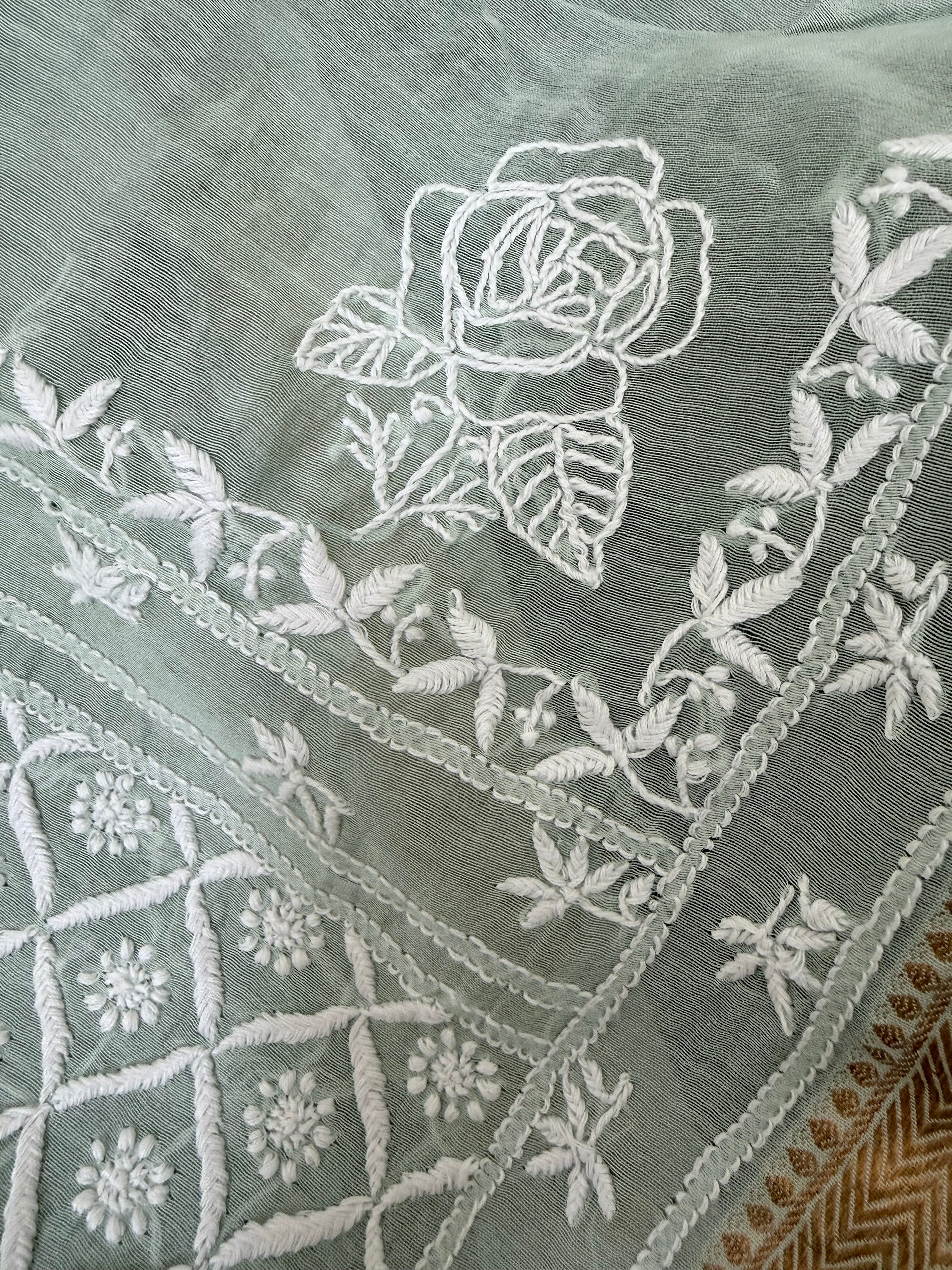 Chanderi Silk Saree with Chikankari: Pista Green