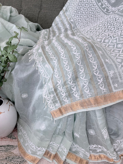 Chanderi Silk Saree with Chikankari: Pista Green