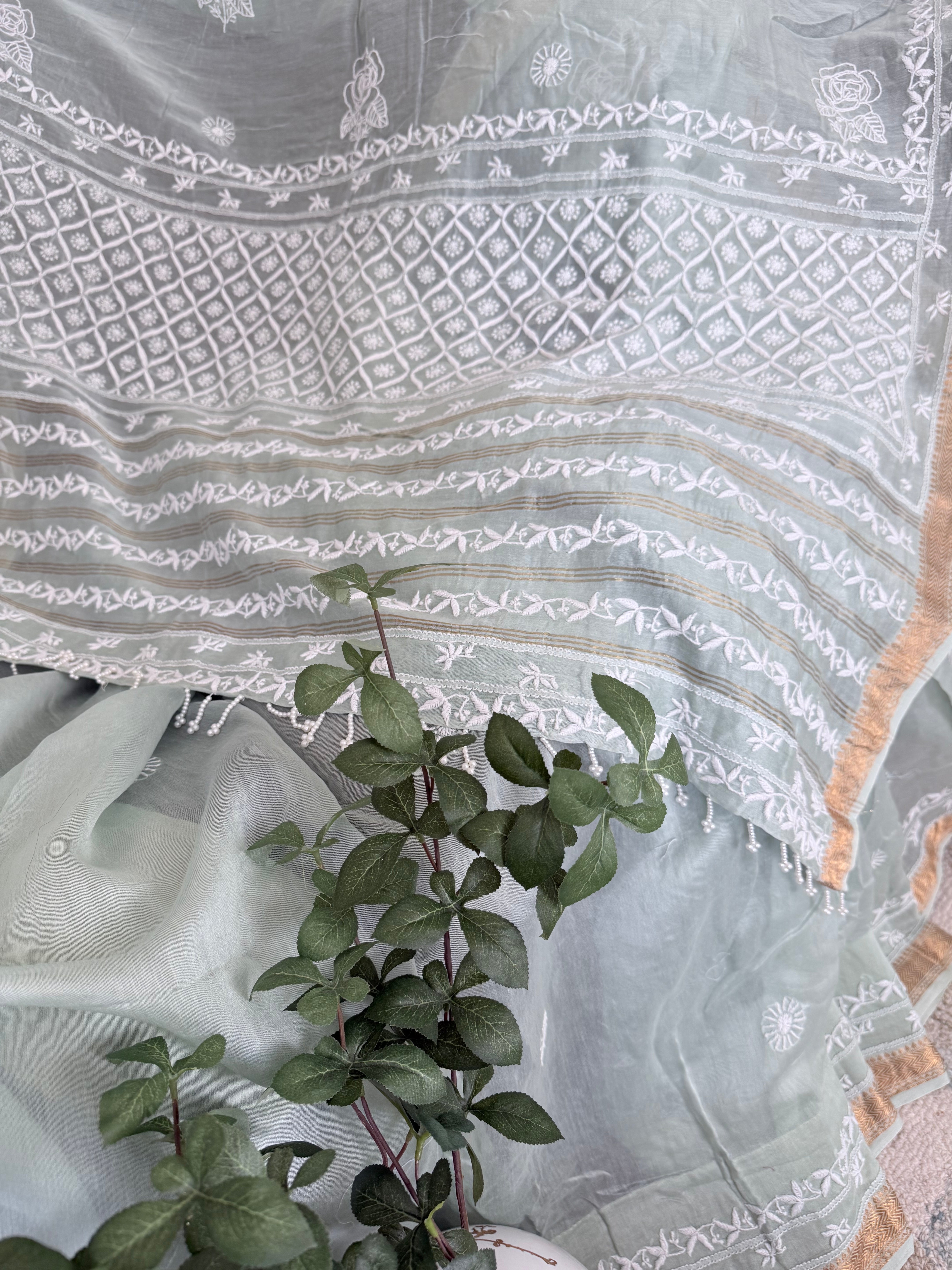 Chanderi Silk Saree with Chikankari: Pista Green