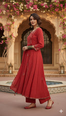 Mul Chanderi Pitta Work Angarkha Style Ready to Wear Set