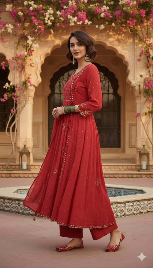 Mul Chanderi Pitta Work Angarkha Style Ready to Wear Set