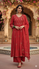 Mul Chanderi Pitta Work Angarkha Style Ready to Wear Set