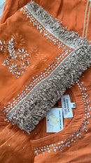 Mul Chanderi and Organza Silk Pitta Work Set in Burnt Orange