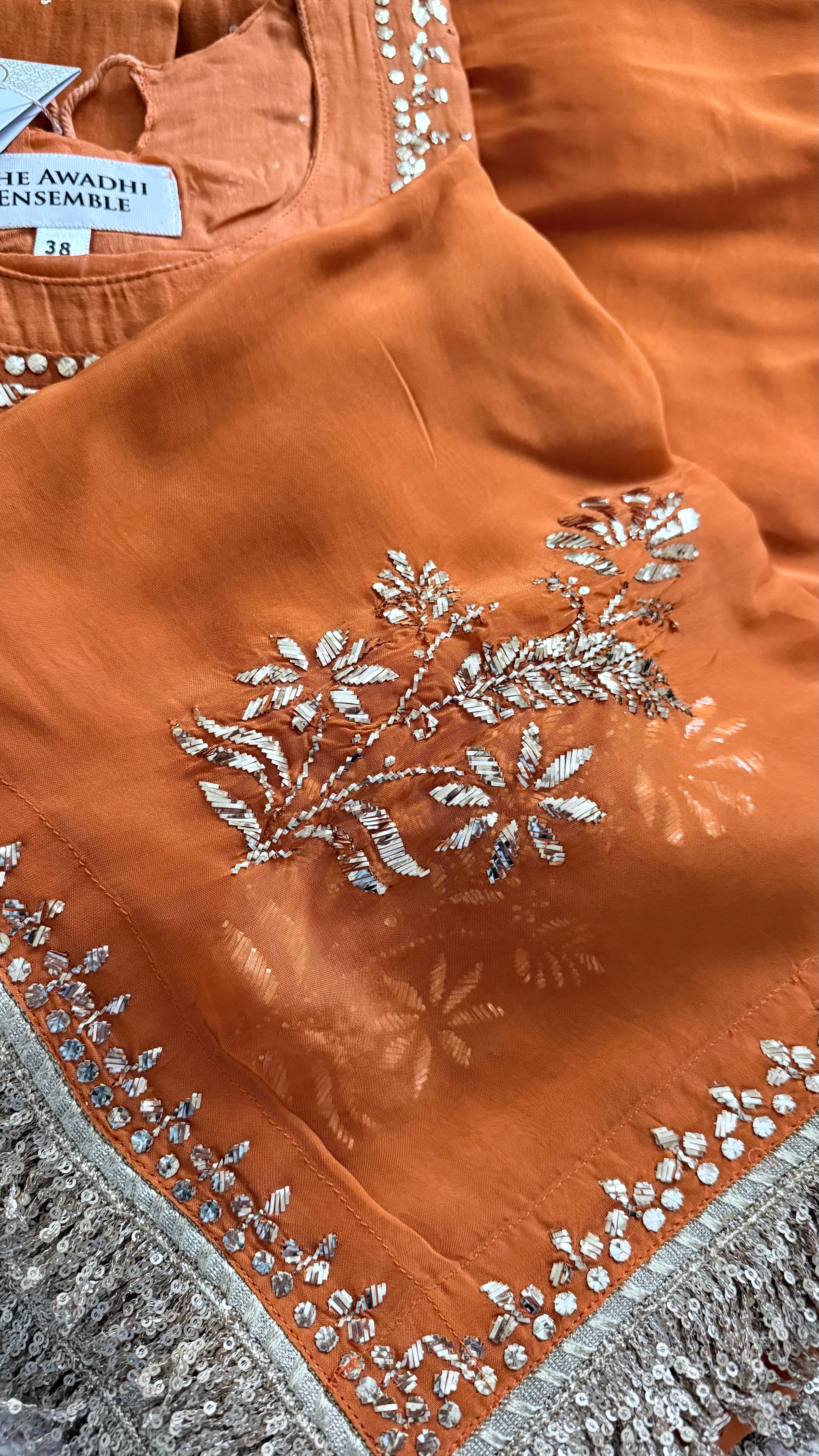 Mul Chanderi and Organza Silk Pitta Work Set in Burnt Orange