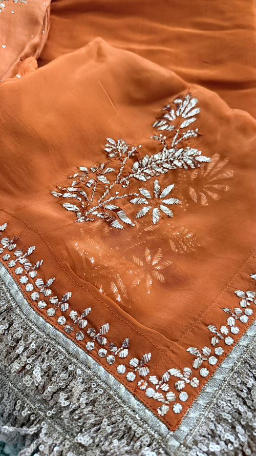 Mul Chanderi and Organza Silk Pitta Work Set in Burnt Orange