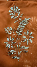Mul Chanderi and Organza Silk Pitta Work Set in Burnt Orange