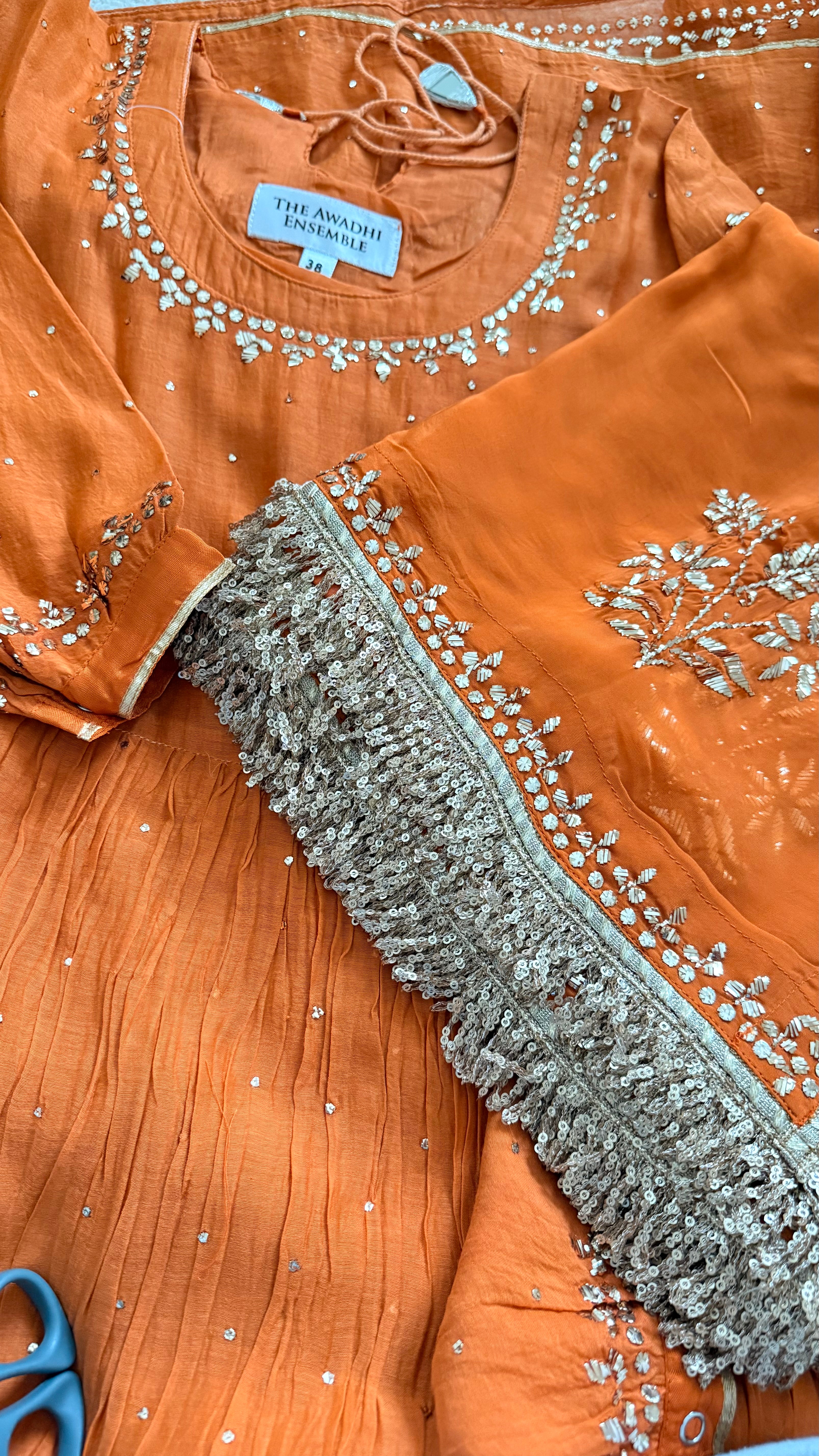 Mul Chanderi and Organza Silk Pitta Work Set in Burnt Orange