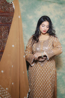 Mul Chanderi Ready to Wear Chikankari Set: Chocolate Brown