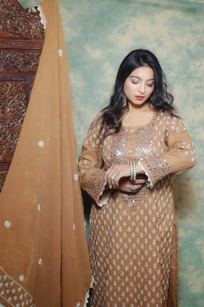 Mul Chanderi Ready to Wear Chikankari Set: Chocolate Brown